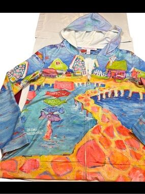 Leoma Lovegrove Zip Hoodie Women’s L Art to wear Beach town water Colorful Soft